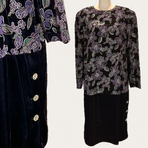 VINTAGE 80s‎ moody floral velvet dress drop waist long sleeve metallic flowers